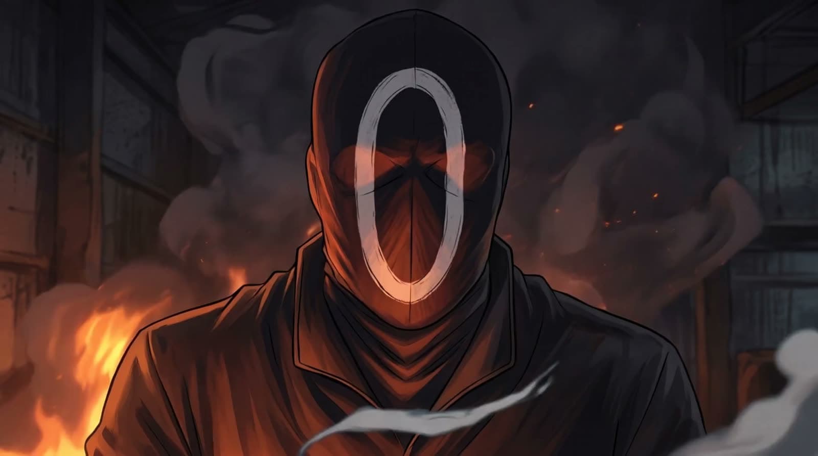 A masked Day Zero figure stands against a red signal-filled sky