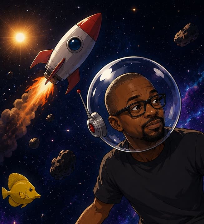 August Peekay illustrated in a spacesuit helmet beside a launching rocket