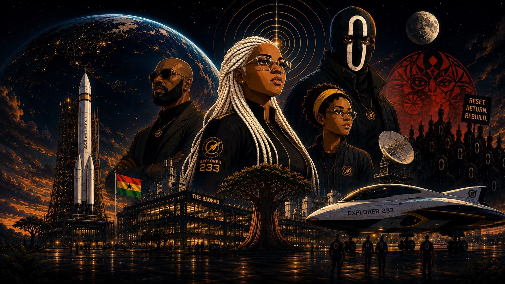 Explorer 233 personnel, the Baobab headquarters and spacecraft beneath Earth and the Moon